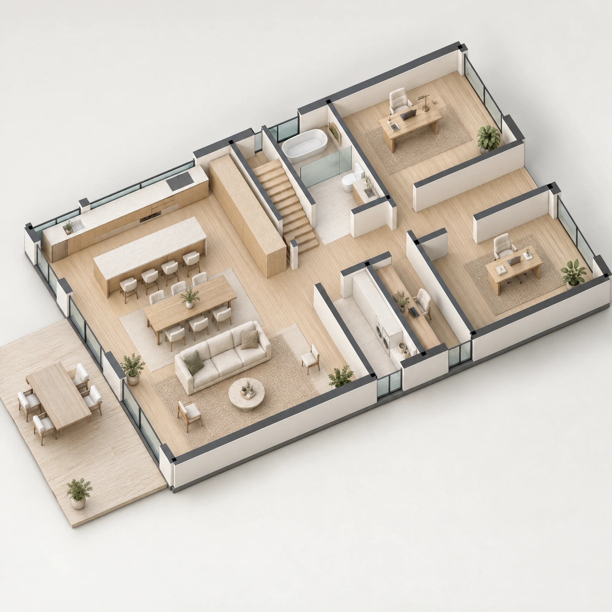 Furnished ground-floor presentation plan of Waverley, showing living, kitchen, work spaces and alfresco