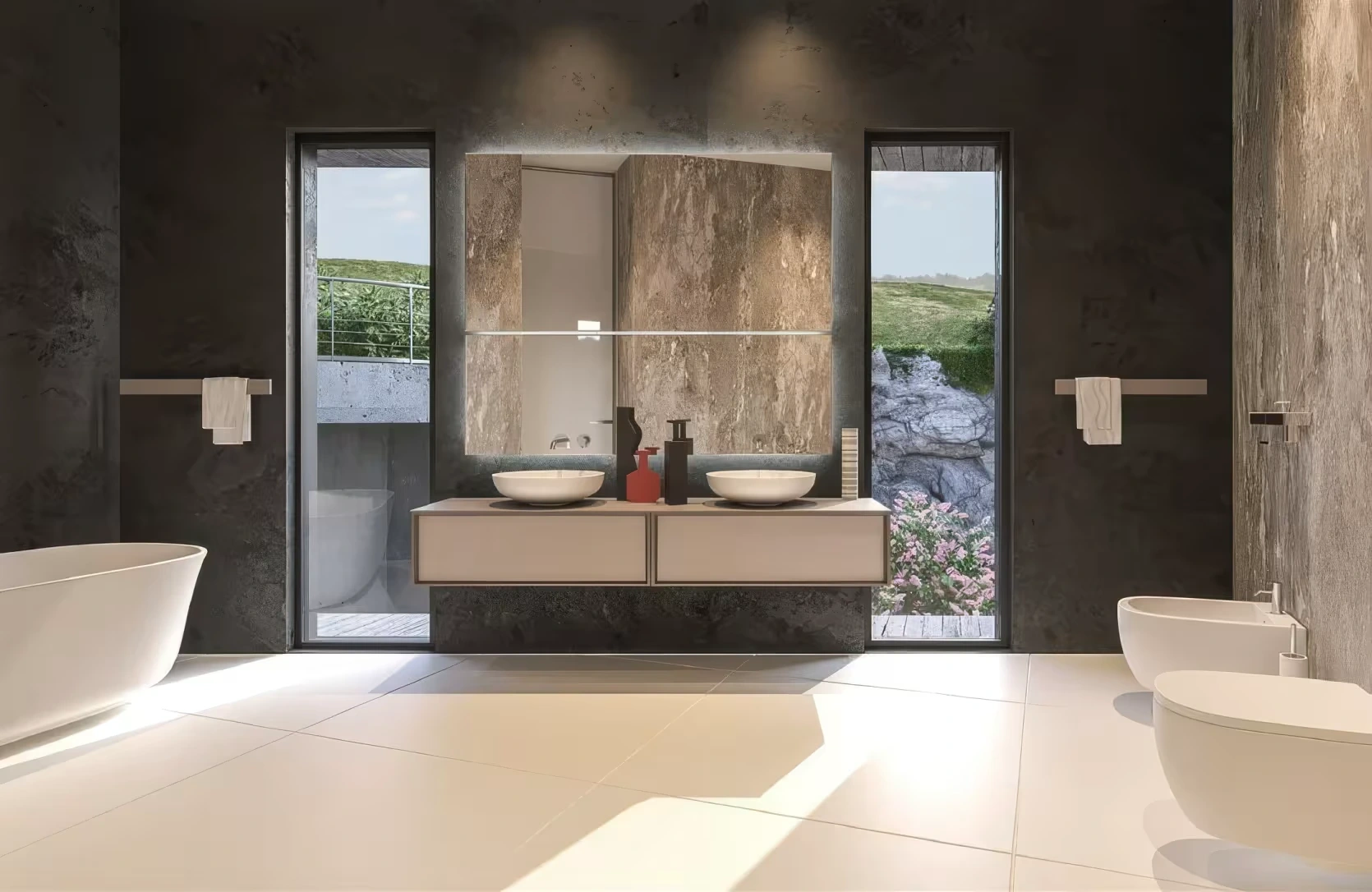 Agios Tychonas twin vanity and stone bathroom