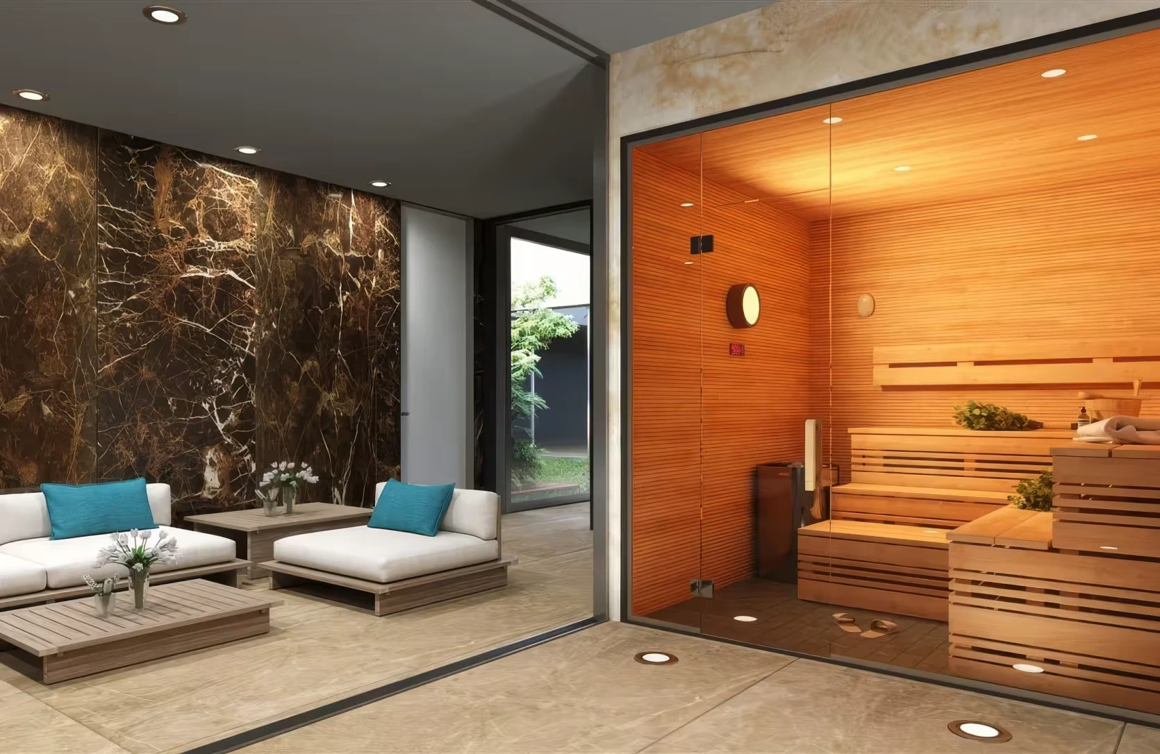 Agios Tychonas timber-lined sauna and relaxation area