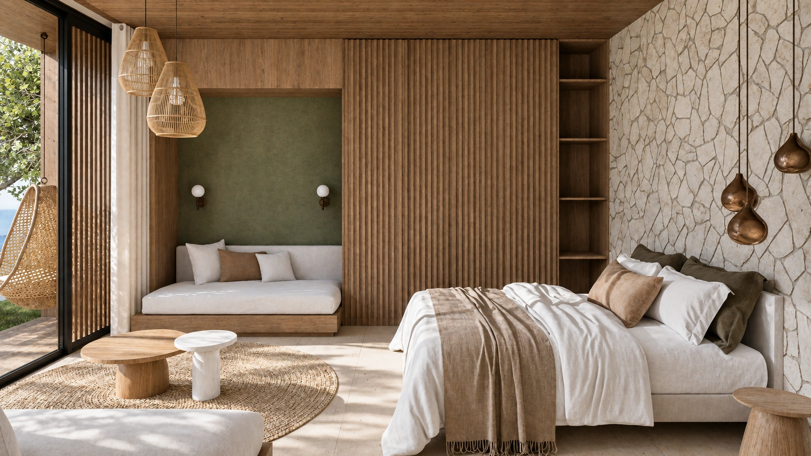 Cliffside bedroom, timber wall and stone feature