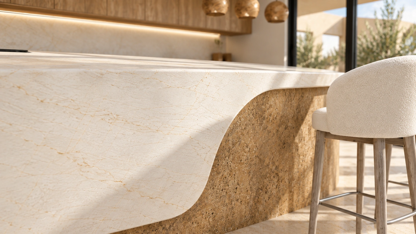 Cliffside kitchen island, stool and material detail