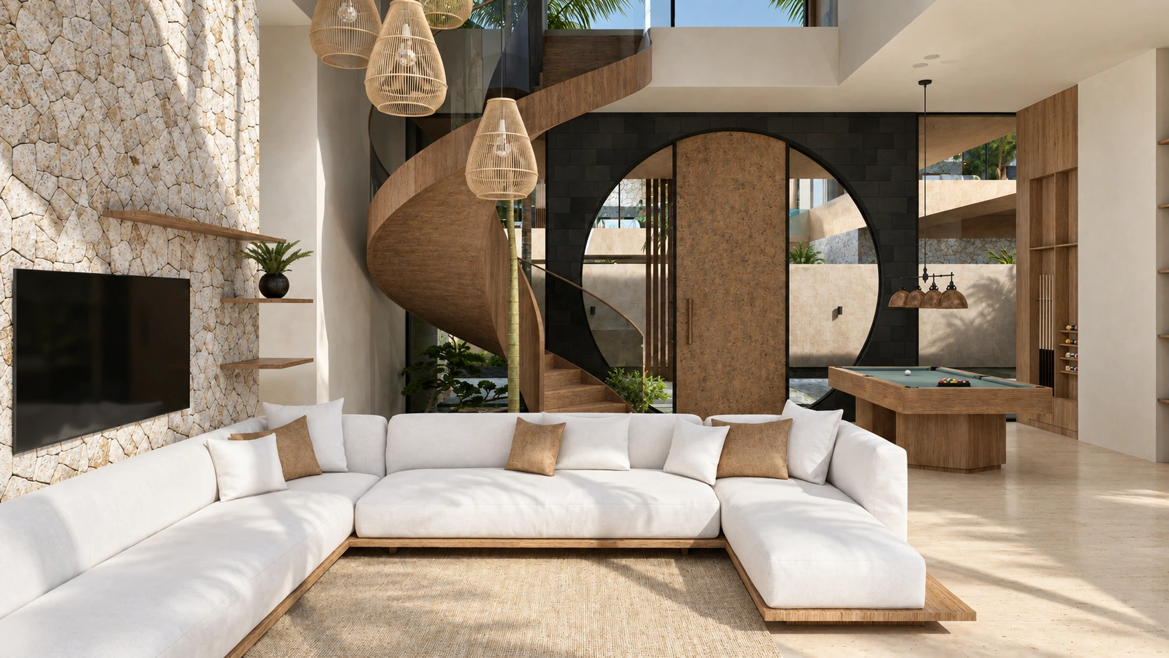 Cliffside living room with curved seating and spiral stair