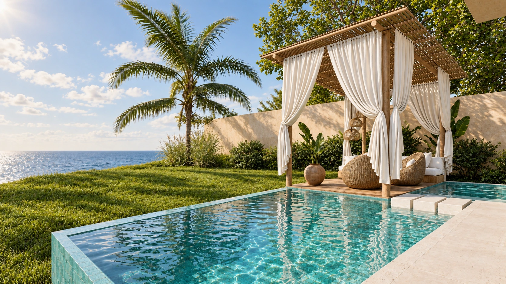 Cliffside pool and cabana, illustrative setting