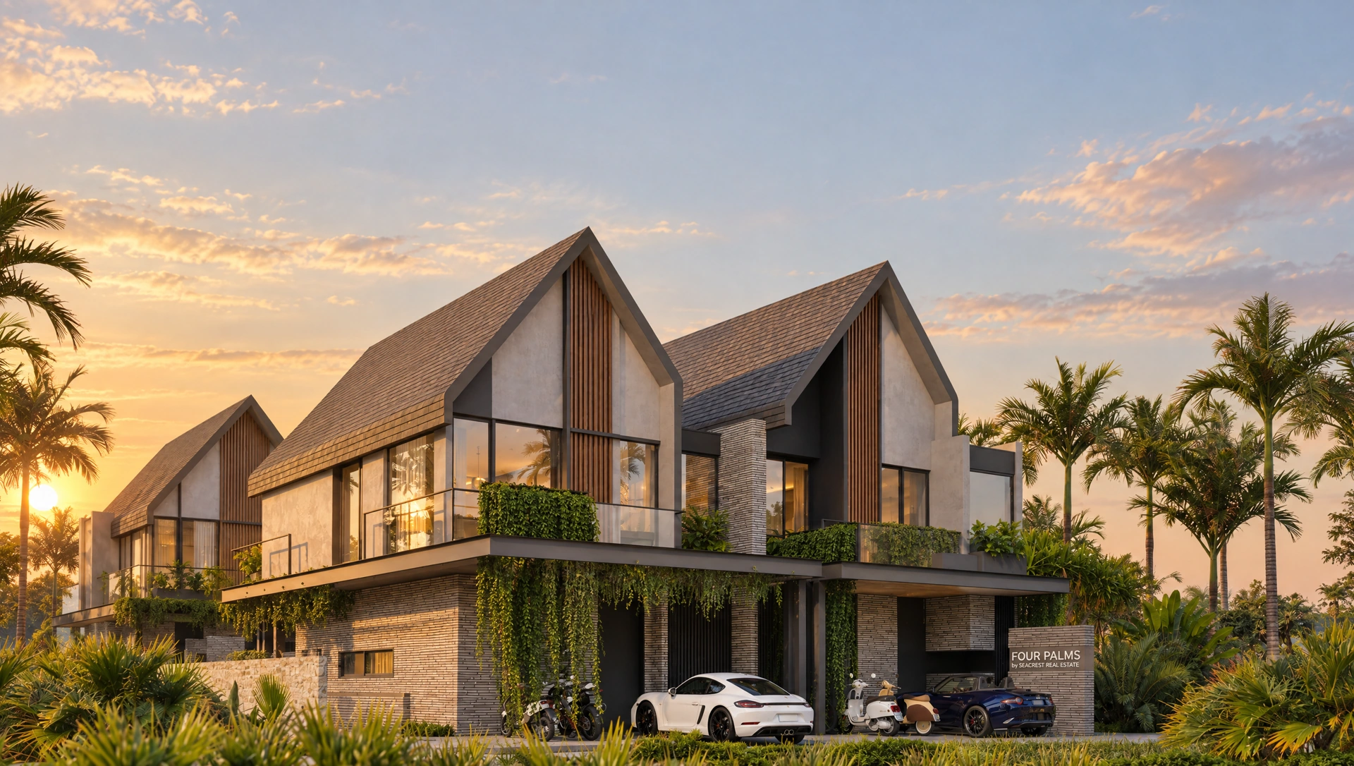 Four Palms gabled frontage, golden-hour visualisation