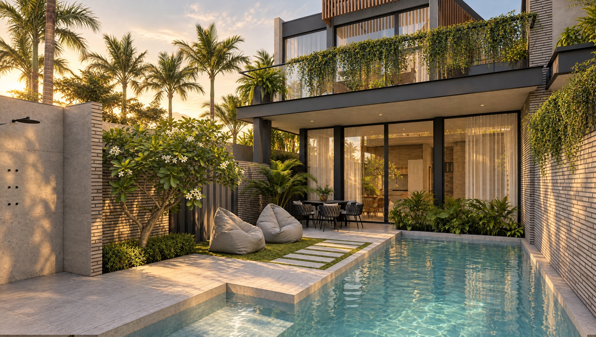 Four Palms courtyard and pool, golden-hour visualisation