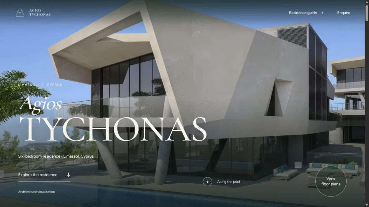 The accepted Agios Tychonas website, with its architectural opening and bespoke identity