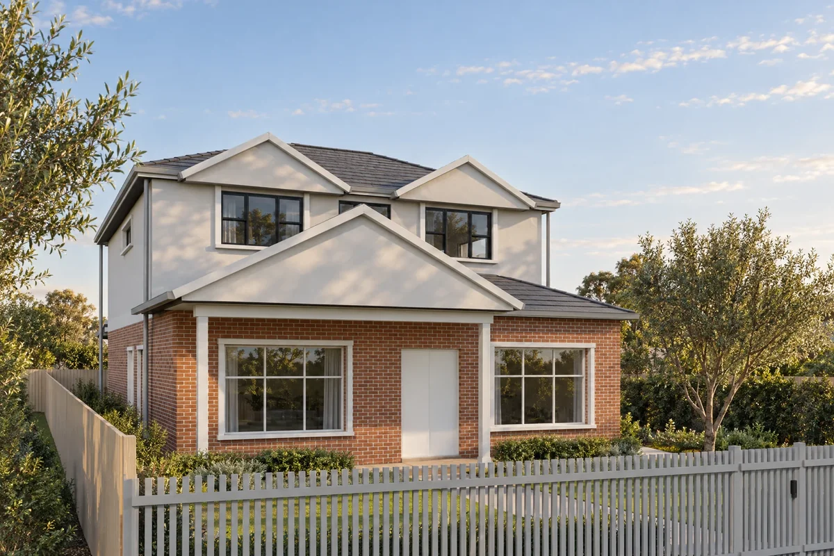 Waverley front exterior visualisation showing brickwork, upper gables and planting