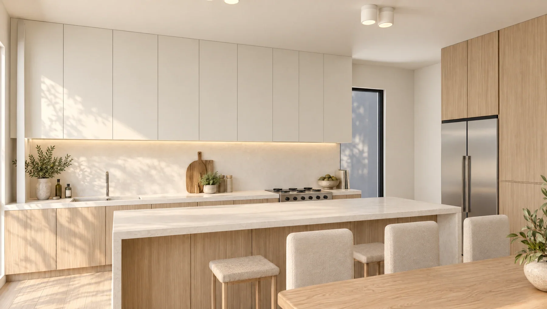 Waverley kitchen visualisation with a timber island, stone worktop and warm afternoon light