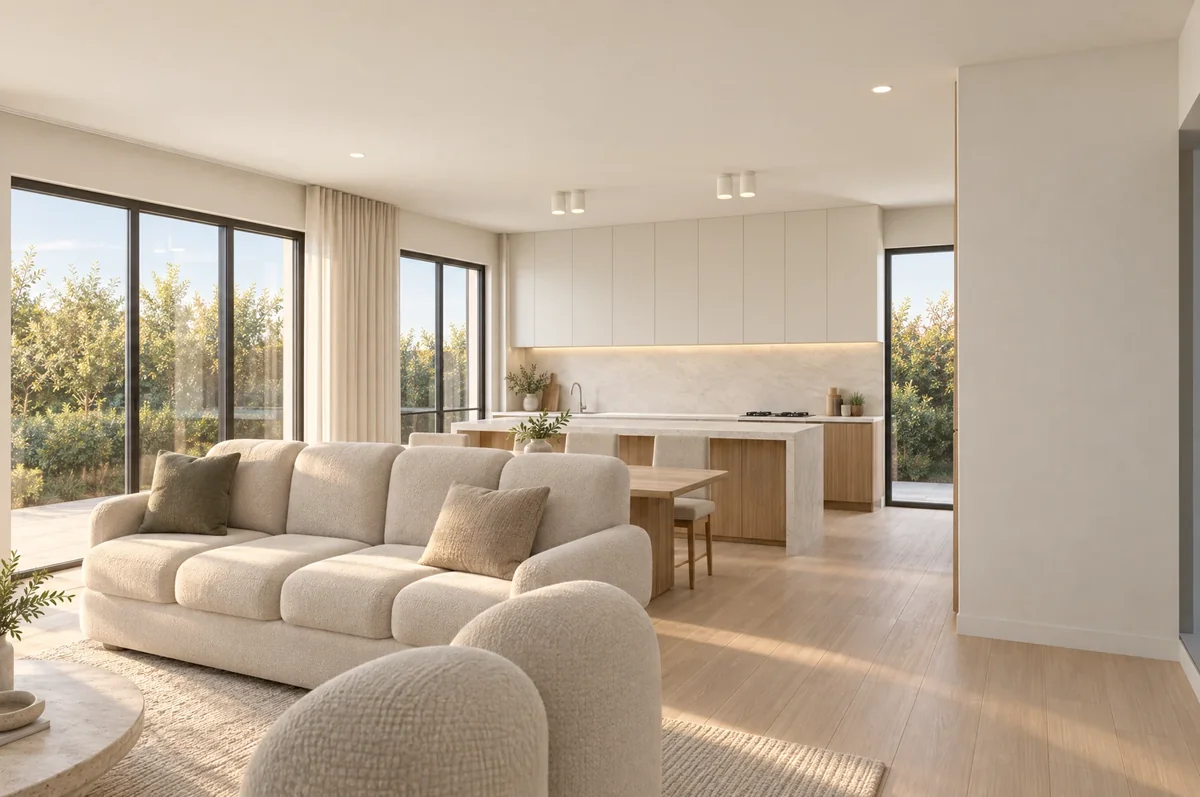 Explore the Waverley case study, featuring a sunlit living room visualisation